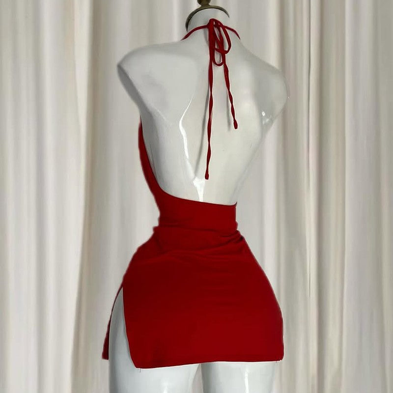 Women's Sexy Home Halter Camisole Dress Summer Spice Girl Dress Y2K Sexy Sleeveless Backless Red Mini Dresses Bodycon Lady Skirt