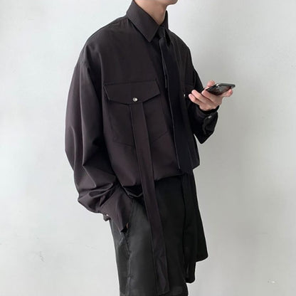 Gmiixder Cargo Long-sleeve Shirt with Tie Men's Oversize Kpop Shirt Korean Streetwear Versatile Motorcycle Pocket Streamers Coat