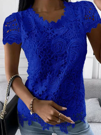 Women Lace Blouse Tops Summer V Neck Short Sleeve Lace Patchwork OL Blouse Shirts LRFZ-9911