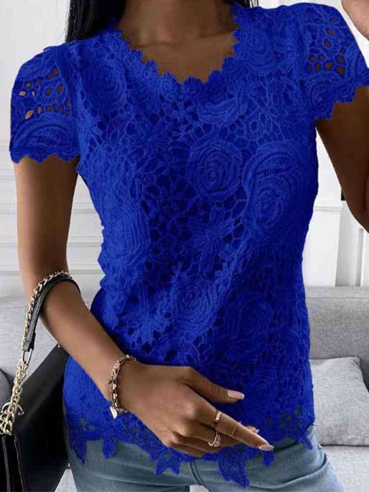 Women Lace Blouse Tops Summer V Neck Short Sleeve Lace Patchwork OL Blouse Shirts LRFZ-9911