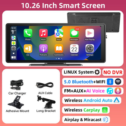 Gravador de Vídeo DVR 4K de 10/11,26 Polegadas com CarPlay e Android Auto Sem Fio, Câmera Veicular, Áudio Bluetooth, Navegação GPS e Duas Lentes para Painel