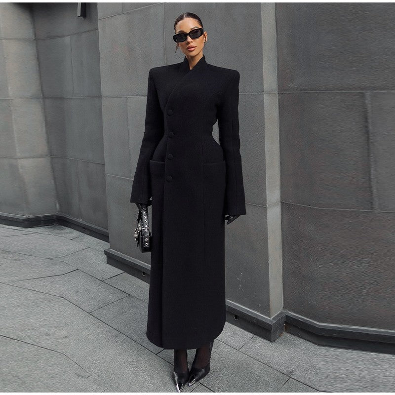 Black Tailored Long Coat Women Elegant Asymmetric Button Front Pockets Full Sleeve Criss-cross Neck Jacket 2025 Casual Outerwear