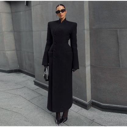 Black Tailored Long Coat Women Elegant Asymmetric Button Front Pockets Full Sleeve Criss-cross Neck Jacket 2025 Casual Outerwear