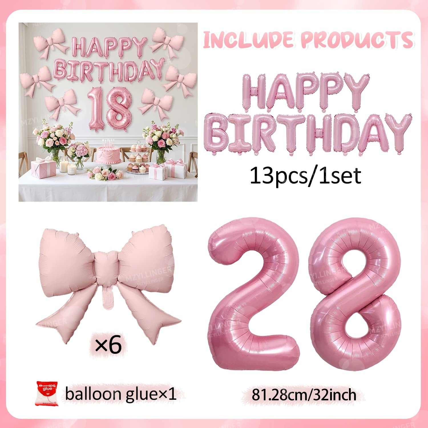 Pink Bow Birthday Balloon Happy Birthday Letter Balloon Used for Wedding, Valentine's Day, Birthday, Proposal Decoration Decor