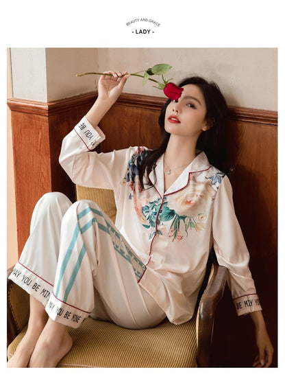 Lightweight Long-Sleeve Silk Pajamas Set for Young Girls French-Style Casual Homewear Nightwear Women's Comfortable Sleepwear
