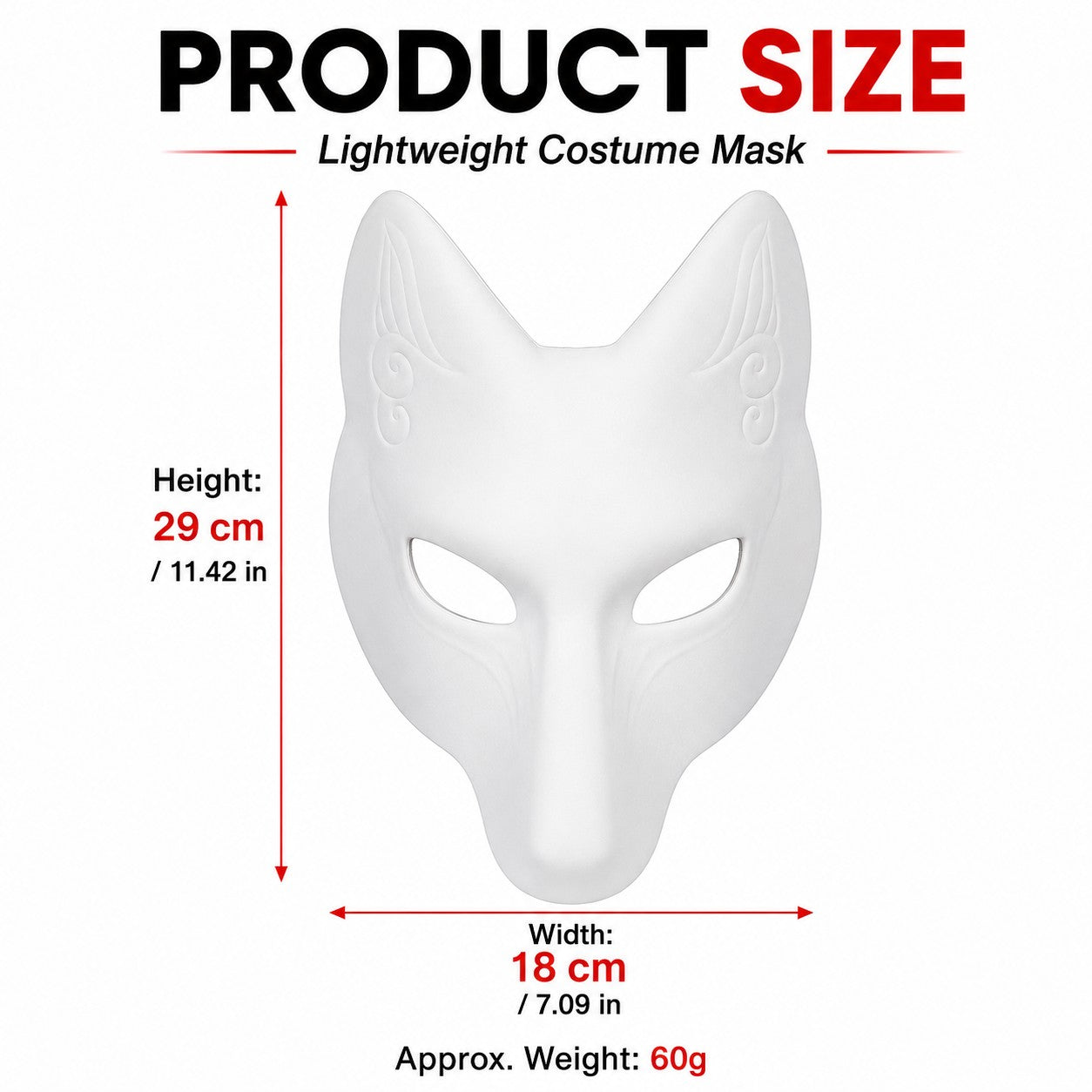 DIY White Fox Mask Paintable Kitsune Cosplay Half Face Mask, Blank Anime Fox Mask for Halloween Party Masquerade Stage Prop
