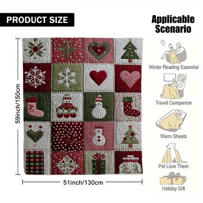 1 Manta de Sofá Fofinha de Flanela com Estampa de Quadrados Festivos de Natal - Design Aconchegante de Feriado com Gorros de Papai Noel, Corações e Flocos de Neve