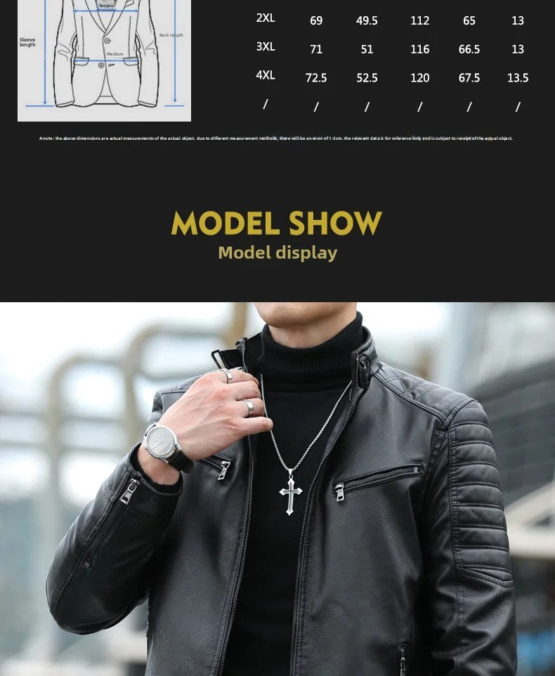 Men's Fleece Lined Biker Jacket Stand Collar Casual Versatile Spring Autumn Leather Coat for Students Fashionable Outerwear
