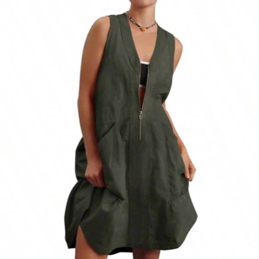 Fisoew Women's Sleeveless Mini Dress Half Zip V Neck Casual Mesh Back Summer Dress with Pockets sexy dress