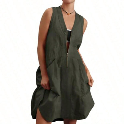 Fisoew Women's Sleeveless Mini Dress Half Zip V Neck Casual Mesh Back Summer Dress with Pockets sexy dress