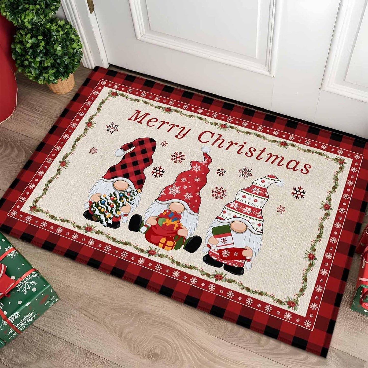 VIKAMA Christmas Gnome Doormat Winter Dwarf Front Door Mat Non-Slip Washable Entryway Rug Holiday Home Decor