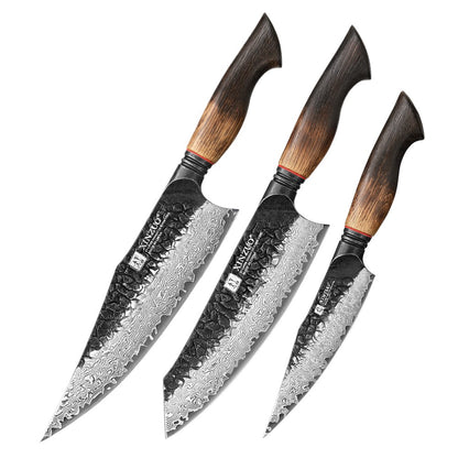 XINZUO 1-6-Piece Damascus Knife Set 67-Layer Steel White Oak Red G10 Handles Paring Utility Cleaver Santoku Bread Knife
