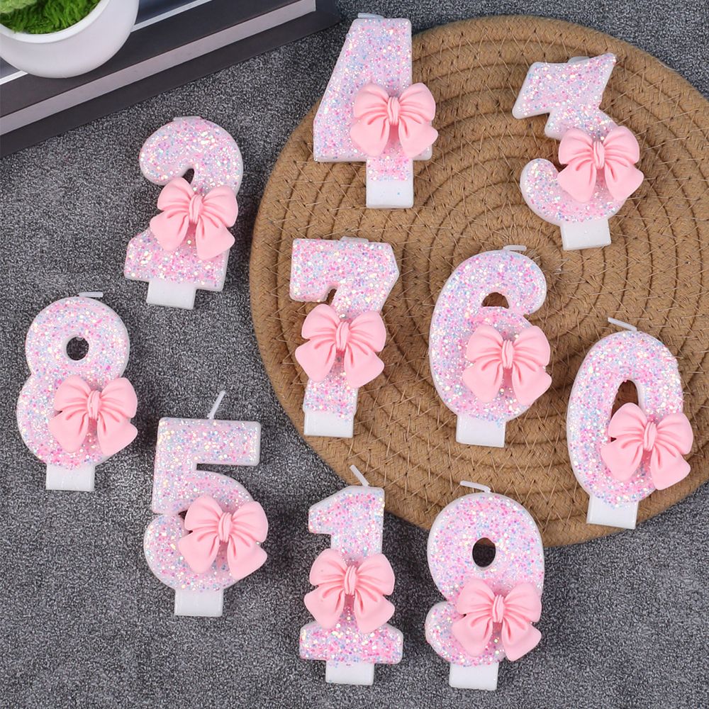 Pink Bow Number Candle Glitter Candle Cake Topper 0-9 for Birthday Anniversary Party Cake Decoration Gifts