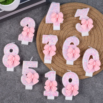 Pink Bow Number Candle Glitter Candle Cake Topper 0-9 for Birthday Anniversary Party Cake Decoration Gifts