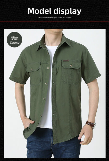 Summer Cargo Shirt Men's Casual Retro Cotton Pocket Short Sleeve Coat plus size Outdoor Camping Fishing Sweat Absorbing Shirt