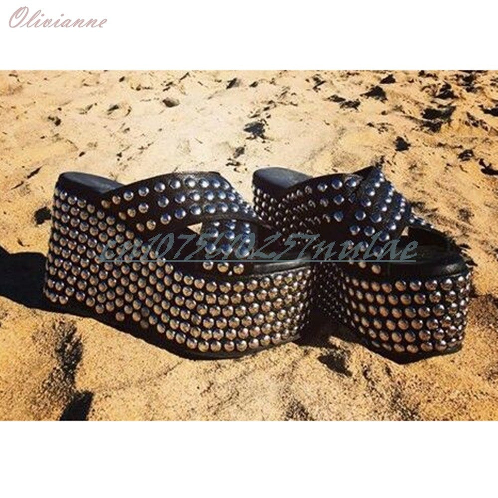 Punk Cool Style Many Round Metal Rivets Decor Slippers Wedges High Heel Cross Tied Sexy Women Shoes 2025 Zapatos Para Mujere