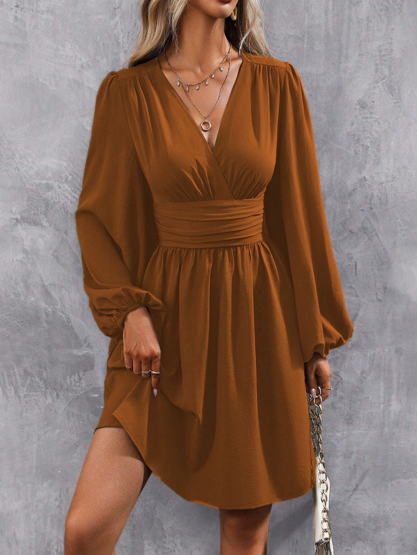 Dresses 2025 Woman Clothing V Neck Lantern Sleeve Wrap Mini Dress Ruched Waist Flowy Hem Elegant for Autumn and Party Styles ?