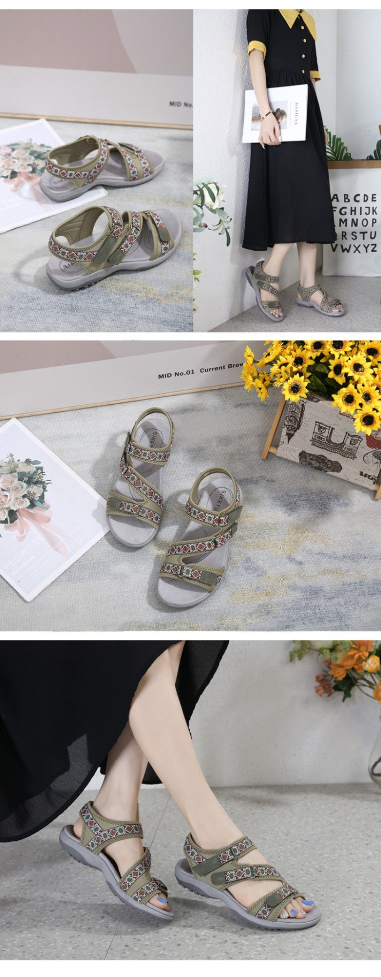 Spring And Summer Printed Velcro Comfortable Casual Beach Flat Sandals For Women's Ethnic Style Leisure Comfortable And Simple