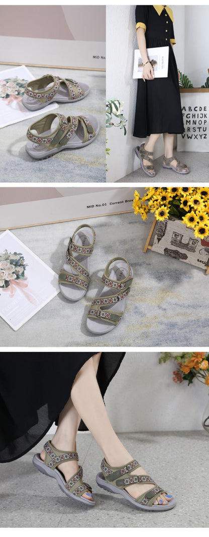 Spring And Summer Printed Velcro Comfortable Casual Beach Flat Sandals For Women's Ethnic Style Leisure Comfortable And Simple