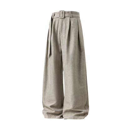 Men's Pleated Drape Curved-Leg Trousers Loose-Fit Straight-Leg Pants Retro-Style Belted Casual Pants