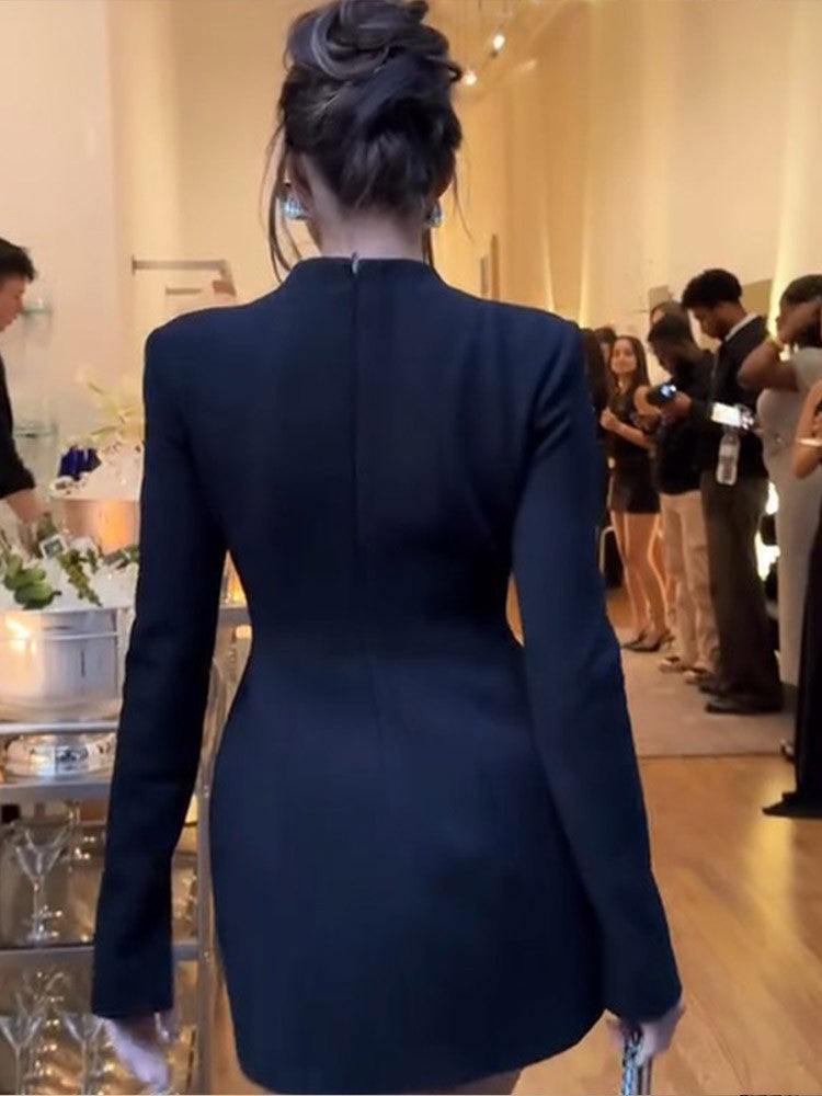 Black Hollow Out Mini A-line Dress Women Sexy Round Neck Long Sleeve Waist Cinching Dresses 2025 Lady Chic Party Club Robe