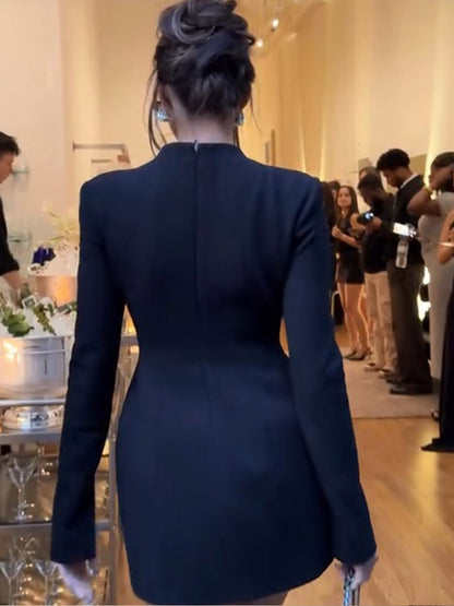 Black Hollow Out Mini A-line Dress Women Sexy Round Neck Long Sleeve Waist Cinching Dresses 2025 Lady Chic Party Club Robe