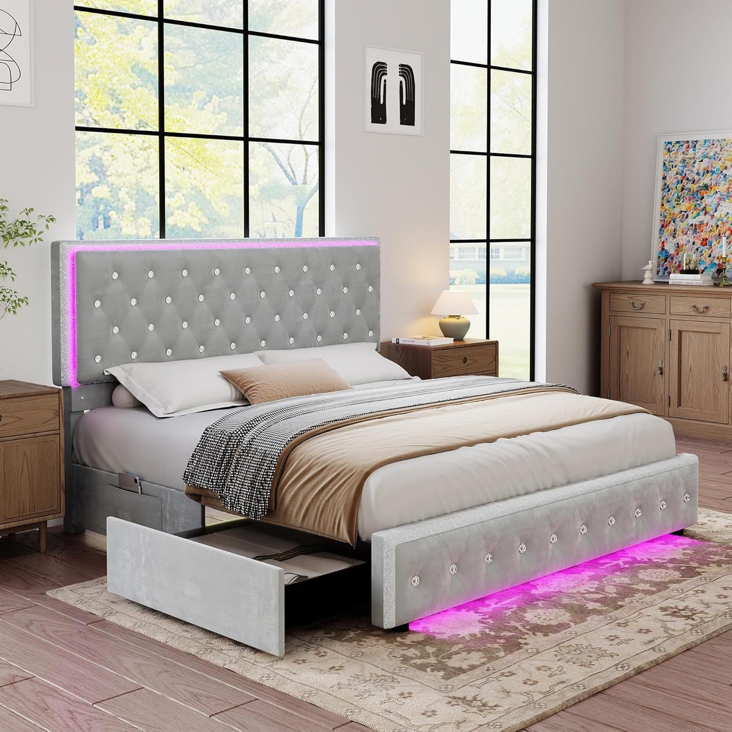 LED Bed Frame with 2 Drawers, PU Leather Platform Bed with Diamond Tufted Headboard Footboard and 2 Side Pockets, M