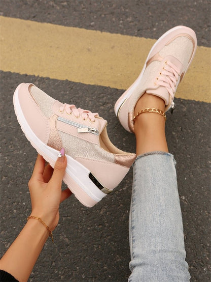 Fashion Thick Bottom Silver Sneakers Women 2025 Spring Wedge Heel Vulcanized Shoes Woman Comfortable Lace Up Sport Sneaker Mujer