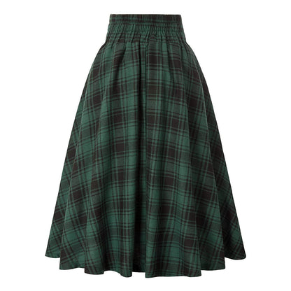High Waisted Plaid Large Swing Skirt, Fashionable Women's Plaid Elastic Waisted A-line Skirt