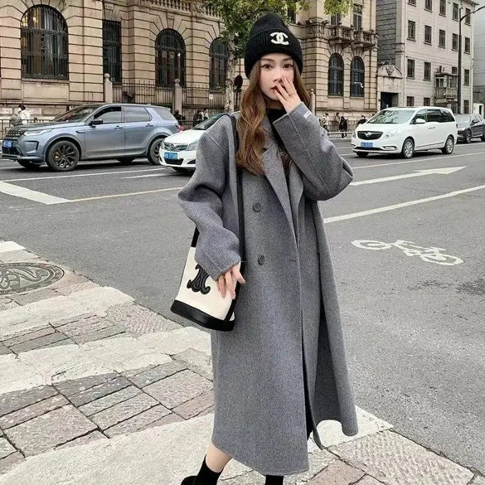 Oatmeal Color Woolen Coat Women's Loose Mid-Length Korean Style Autumn Winter New Arrival Fashion Outerwear Pure Color Full Slee