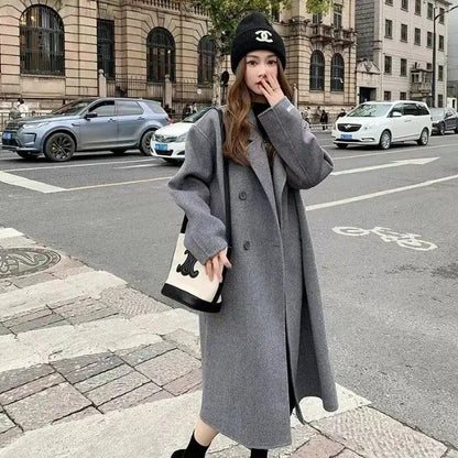 Oatmeal Color Woolen Coat Women's Loose Mid-Length Korean Style Autumn Winter New Arrival Fashion Outerwear Pure Color Full Slee