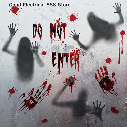 ?G?Halloween Stickers Horror Blood Hand Print Door Stickers Window Bathroom Shadow Glass Female Ghost Wall Decal Halloween Decor