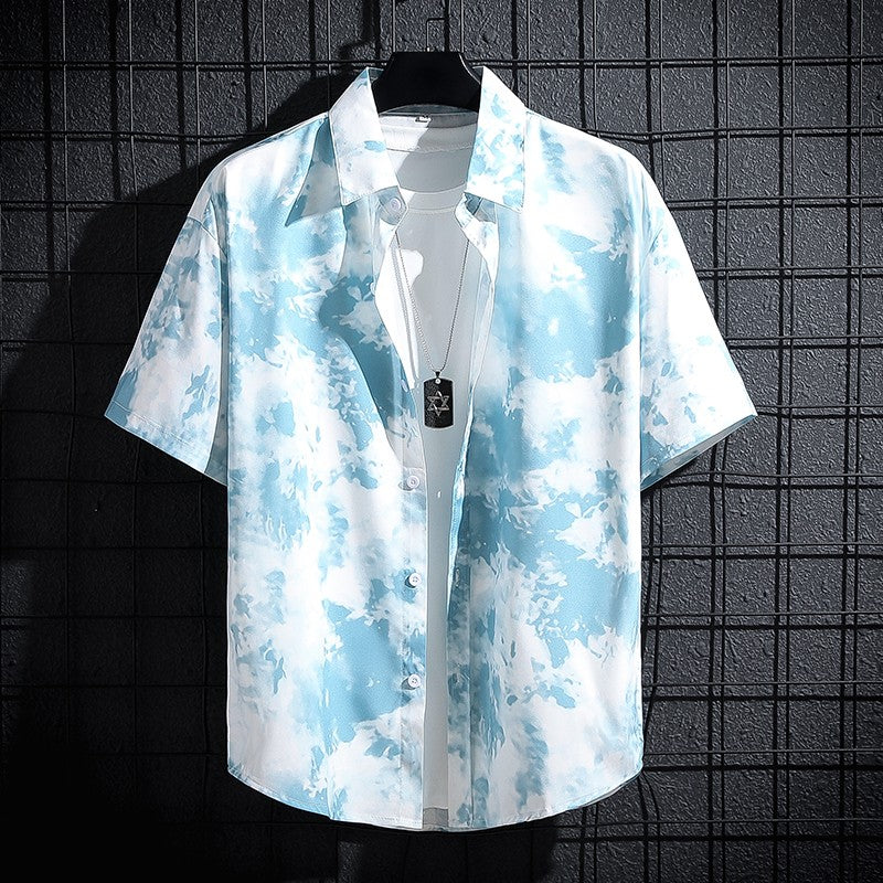 Men's Shirt Summer Casual Fashion Short Sleeve 3D Printed Denim Skull Gun Print Men's Hawaiian Lapel Single Breasted Shirt