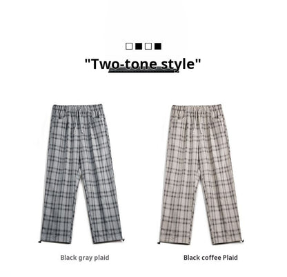 Maden Calça Cargo Xadrez Masculina Vintage Primavera Leve Caimento Solto Cintura com Cordão Calças Retas Casuais Perna Larga