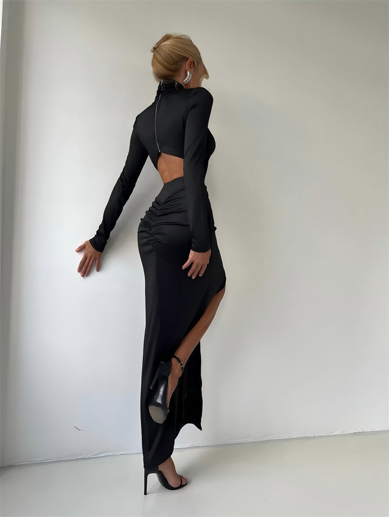 Mozision Turtleneck Backless Sexy Maxi Dress Women Gown Autumn Winter Elegant Long Sleeve Thigh High Split Club Party Long Dress