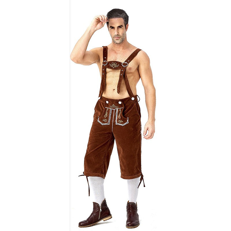 Germany Oktoberfest Costumes Adult Men Traditional Bavarian Beer Shorts Outfit Overalls Shirt Hat Suspenders Set Halloween Cloth