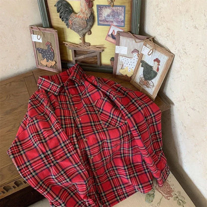 Scottish Red Plaid Shirt Luxury Hong Kong Style Vintage Loose Fit Women's Button up Shirt Polo Collar Full Sleeve Slim Fit