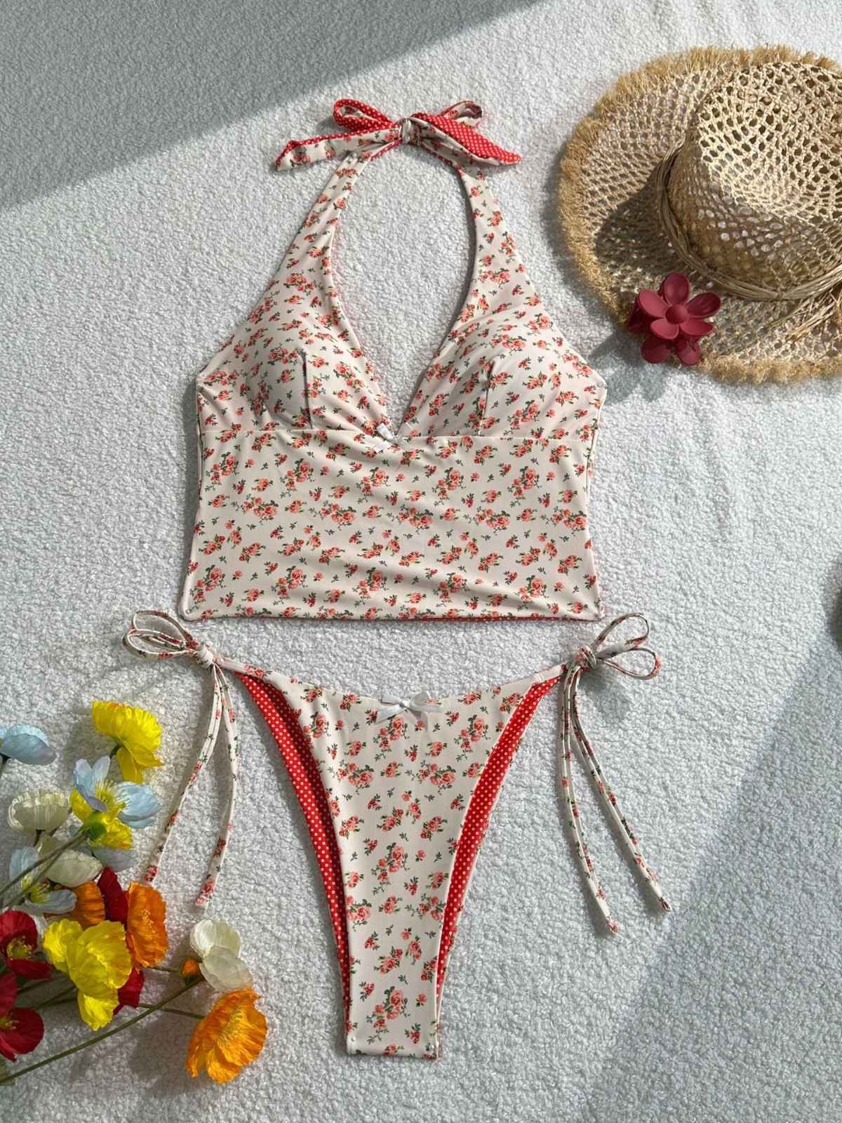2025 Summer Floral Halter Bikini Women's Sexy Backless Swimwear with Tie Detail Summer Strappy Two Piece Bathing Suit Holiday