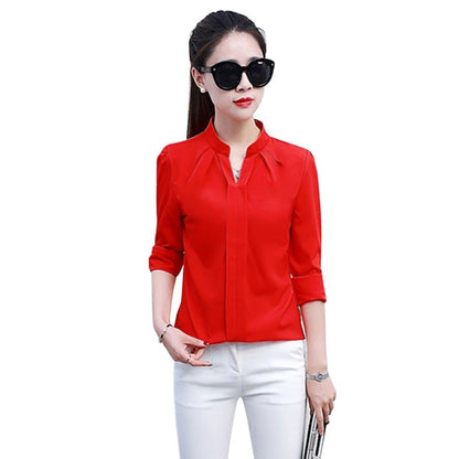 Autumn Spring Fashion Sexy V-Neck Shirt Women OL Formal Long Sleeve Chiffon Blouse M-2XL
