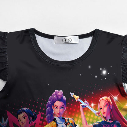 K-POP Demo Hunte Printed Sleeping Skirt Big Butterfly Sleeve Loose Pajamas Children Girls Sleeping Clothing Casual Home Wear