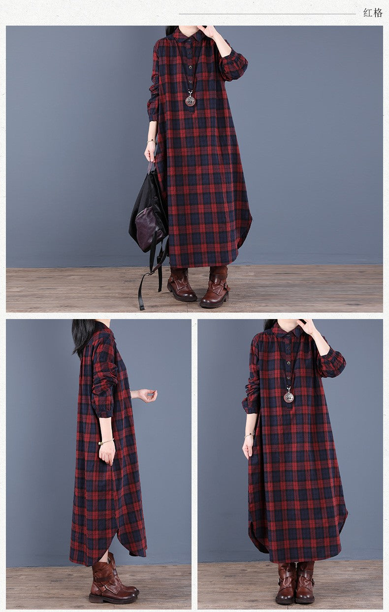 Spring And Autumn New Women's Fashion Loose Splicing Plaid Collar Button Long Sleeve Dress Medium Length Shirt Maxi Dresses 2026