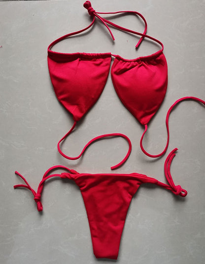 Summer Sexy Bikini set Push-up padded Bra Thong Split Swimwear Female Bandage Bathing Suit Adjustable Lacing Swimsuit Solid