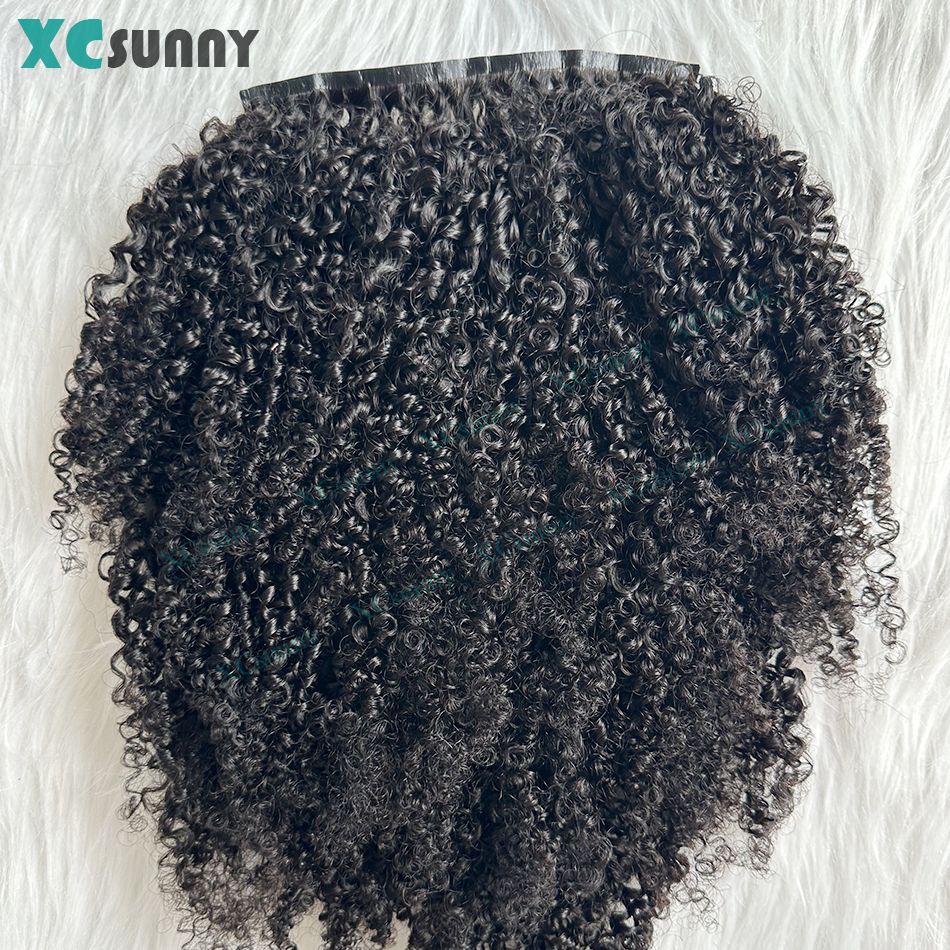 Apliques Cacheado Crespo PU Com Presilhas Cabelo Humano 200g Sem Emenda Apliques de Cabelo Humano Com Presilhas Dupla Camada em Fita Invisível Para Mulheres