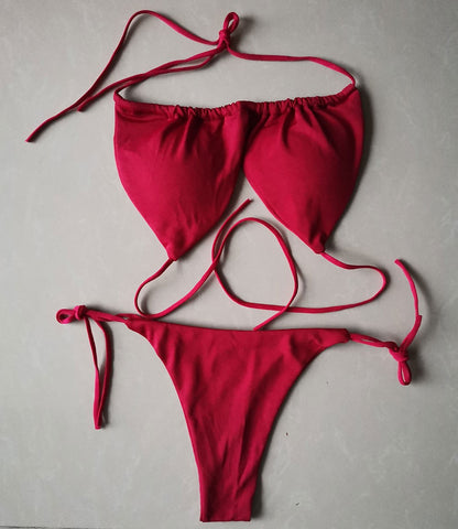 Summer Sexy Bikini set Push-up padded Bra Thong Split Swimwear Female Bandage Bathing Suit Adjustable Lacing Swimsuit Solid