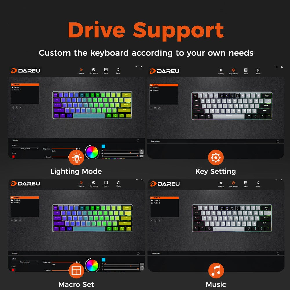 Teclado Mecânico com Fio DAREU EK861S RGB 61 Teclas Switches Vermelhos Keycaps ABS N-Key Rollover com Pés Magnéticos