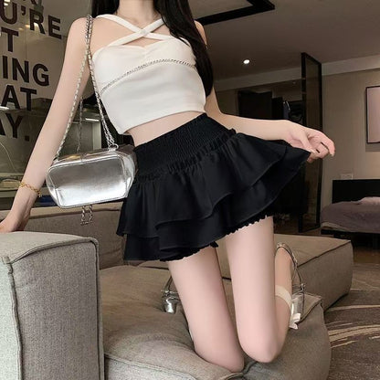 Princess Kawaii Sweet Mini Skirt Elastic High Waist Ballet-Style Tiered Skirt New White Casual Matching Girl's Short Cake Skirt