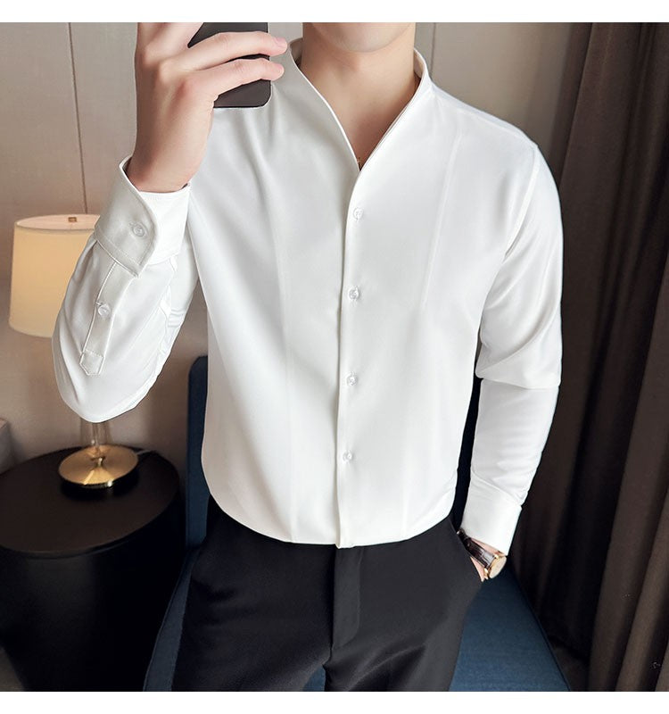 Advanced Sexy V-neck Men's Long Sleeved Shirt Designer Stand Up Collar Shirt Business Social Slim Fit Black and White Top