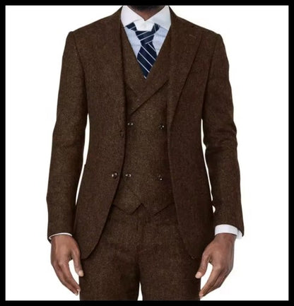 3 Pieces Green Wool Tweed Herringbone Business Retro Classic PatternTuxedos For Wedding Blazer Pants Vest