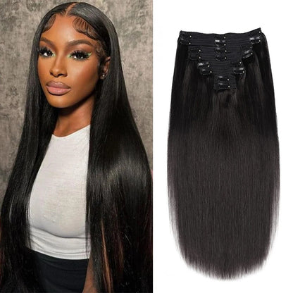 Cabelo Sintético Liso com Presilhas, Extensões de Cabelo Preto Suave de 30-45 cm, Aplique Grosso com Presilhas
