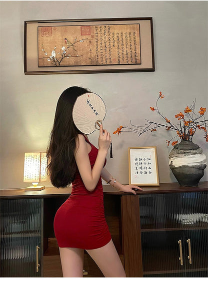 Summer Sexy High Neck Tight Dress Oversleeve Pleated Bottom Wrapped Hip Dress Wo